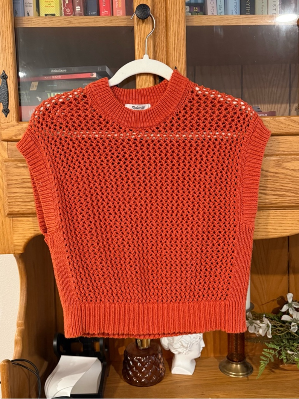 Madewell Orange Open-Stitch Sleeveless Crewneck Sweater